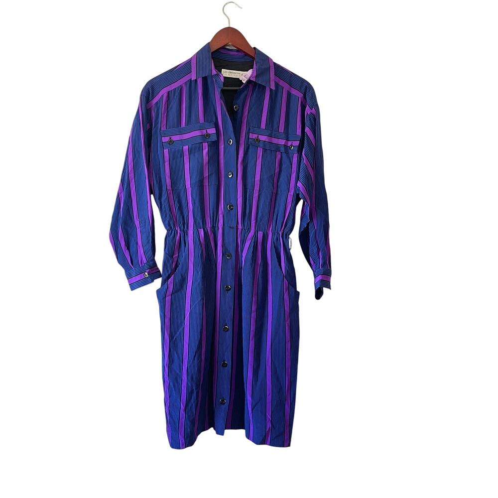 Vintage 80s Liz Claiborne 100% silk shirt striped blue‎ and purple size small